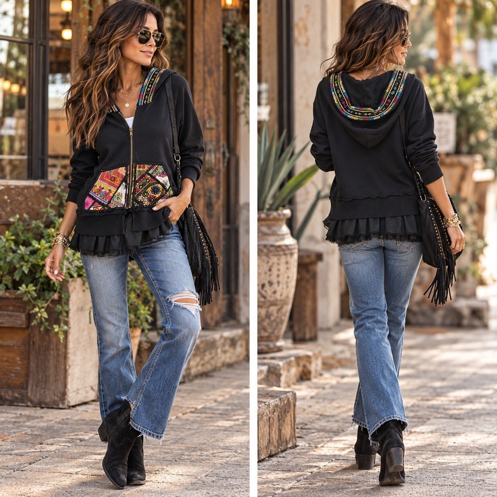 4 Love and Liberty Black Hoodie Jacket M Embroidered Patchwork Ruffle Boho
